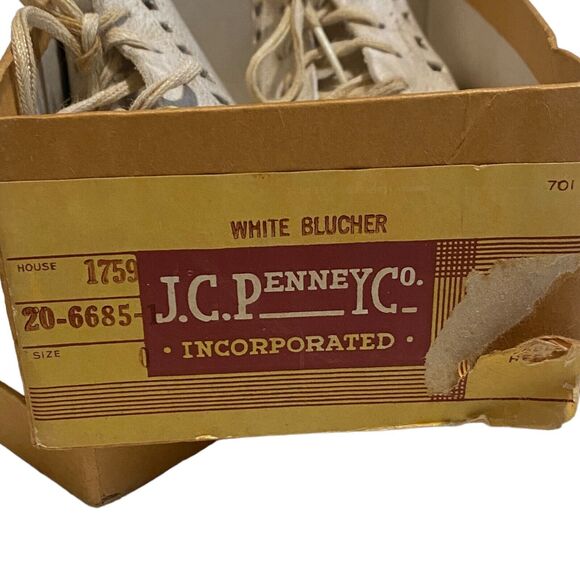 Vintage 1950s White Blucher Baby Shoes by JC Penny Co Leather Size 0 W/ Box - Picture 13 of 13